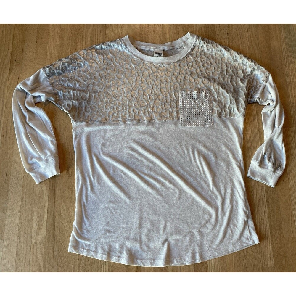 Victoria's Secret PINK Long Sleeve T-Shirt Women's M White Leopard Rhinestone